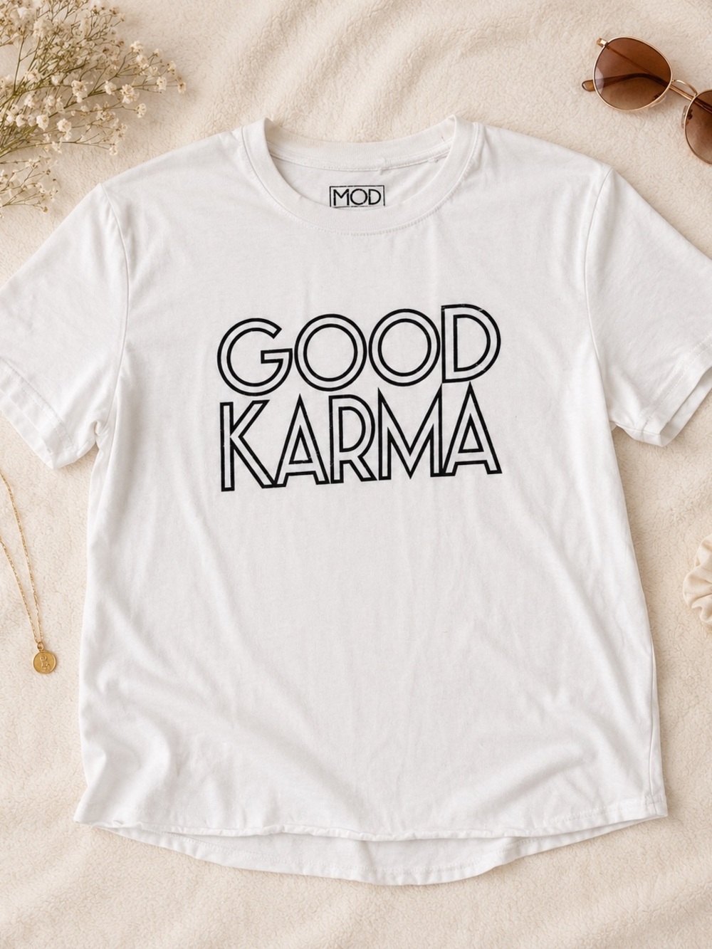Modern Lux White Graphic 'GOOD KARMA' Tee with Black Print
